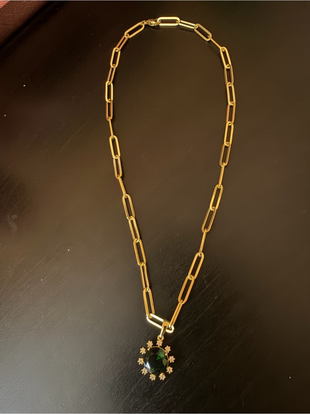 Gold Link Necklace with Green Gem Pendant